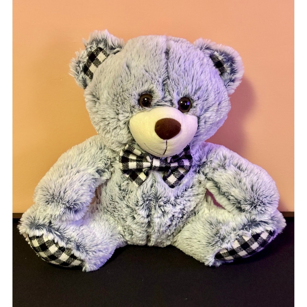 Tom's Toy International Blue/Gray Frosted Plush Teddy Bear Buffalo Plaid Bow Tie
